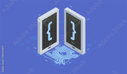 Program development and programming isometric icon, Artificial intelligence automated process big data processing.