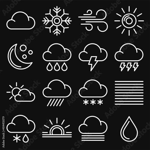 Weather Icons Set on Black Background. Line Style Vector