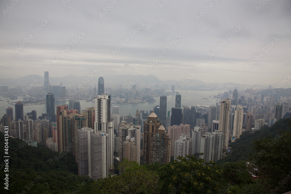 View of Hong Kong skyscrapers skyline seen from Victoria Peak in Hong Kong, China