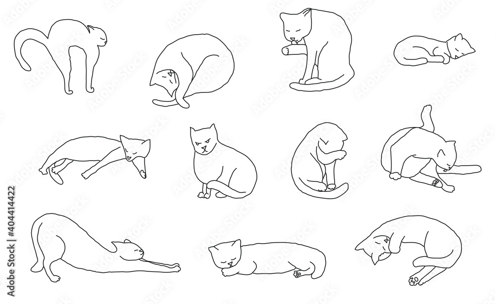 Cosy set cat hand drawn. Vector illustration. Editable lines. Cosy set cat hand drawn. Vector illustration. Editable lines.