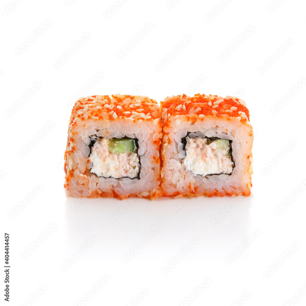 Sushi rolls california with snow crab, cream cheese, cucumber, sesame seeds and masago caviar isolated on white background with reflection. Japanese oriental cuisine. Sushi rolls california with snow crab, cream cheese, cucumber, sesame seeds and masago caviar isolated on white background with reflection. Japanese oriental cuisine.