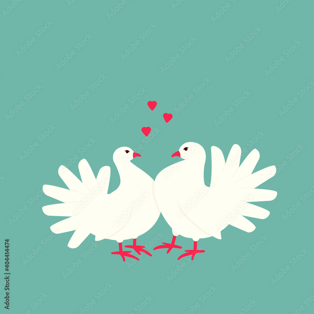 A pair of doves symbolizes love and devotion. A couple of pigeons are often used at weddings to symbolize peace and family well-being. Flat vector illustration.
A pair of doves symbolizes love and devotion. A couple of pigeons are often used at weddings to symbolize peace and family well-being. Flat vector illustration.