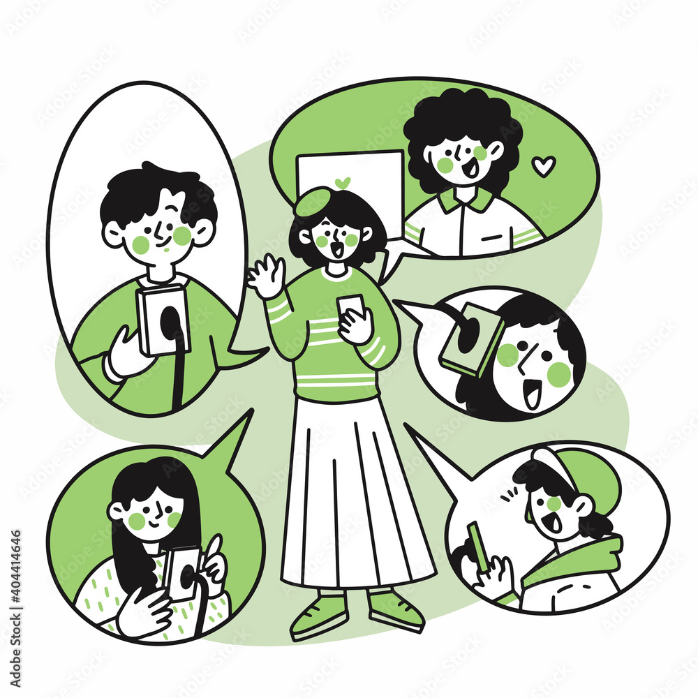 group of teens connected through video call doodle illustration group of teens connected through video call doodle illustration