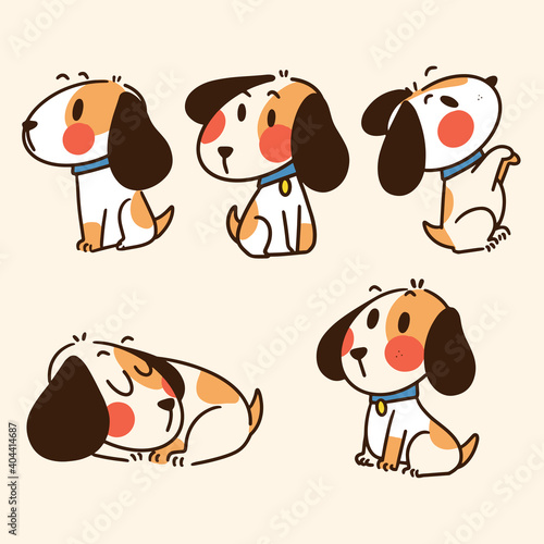 set of adorable playful beagle doodle illustration