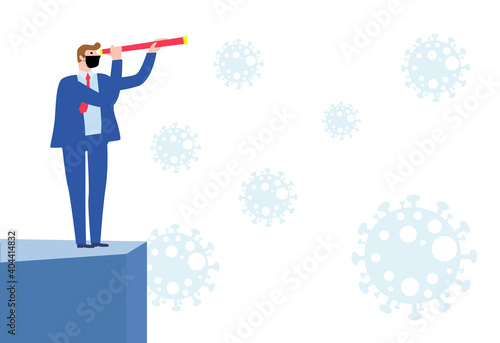 Business vision new normal after Coronavirus COVID-19 pandemic causing financial crisis businessman leader holding telescope standing on a cliff above Coronavirus pathogen