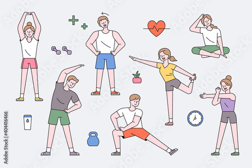 People character exercising. People are doing warm-up exercises in various movements. flat design style minimal vector illustration.