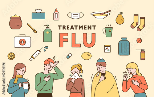 Flu icon set. People with cough, fever and medicine icons. flat design style minimal vector illustration.