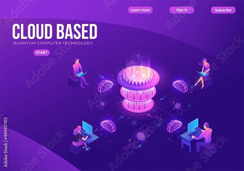 Quantum computer futuristic processor, chip with network, people work on laptop, isometric vector illustration, glowing purple design, innovation cloud computing technology