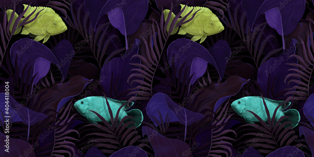Seamless tropical pattern. Fish in tropical leaves. Suitable for the design of wrapping paper, wallpaper, notebook covers, fabric Seamless tropical pattern. Fish in tropical leaves. Suitable for the design of wrapping paper, wallpaper, notebook covers, fabric