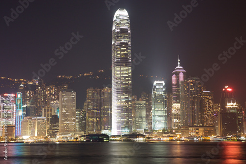 Victoria Harbor Skyline and Two International Finance Center  at night in Hong Kong