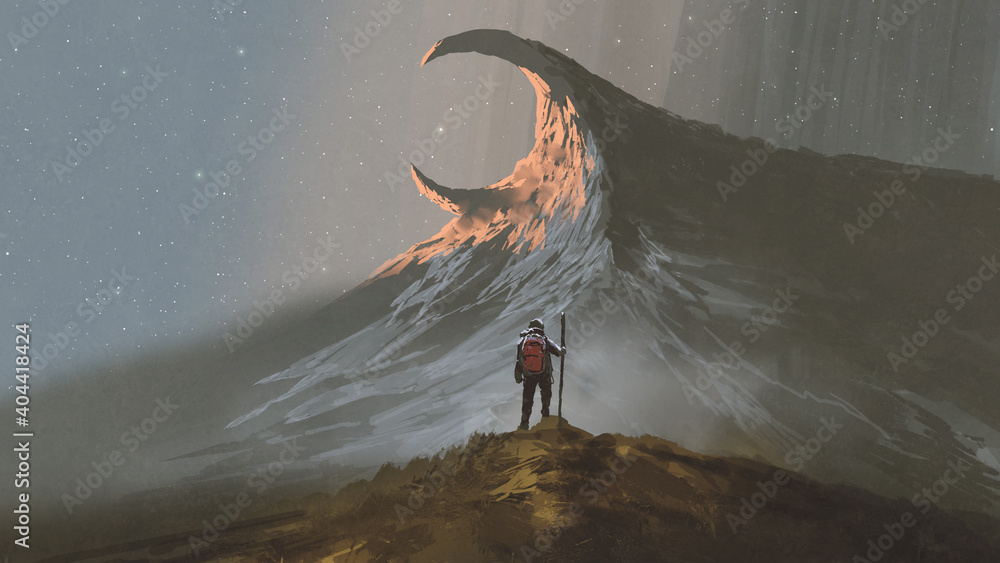 Naklejka premium man standing on a hill looking at the strange mountain, digital art style, illustration painting