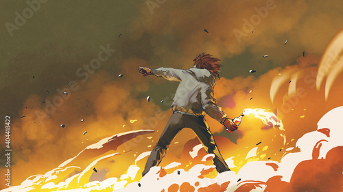 The man throwing a molotov cocktail, digital art style, illustration painting photo