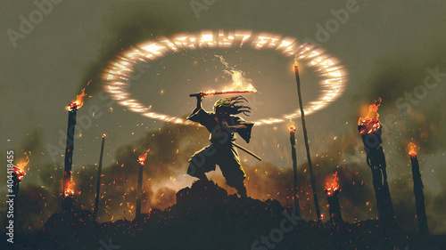 Fotografie, Obraz scene of samurai with fire sword standing on the rock, digital art style, illust