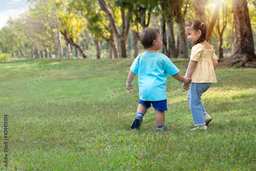 Back view of sister and brother holding hands and walking on the green lawn in the summer