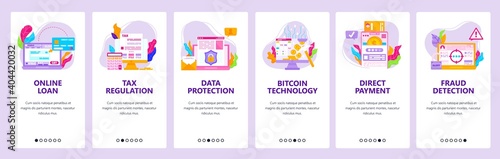 Online bank, loan, tax regulation, direct payment, fraud detection. Mobile app screens, vector website banner template.