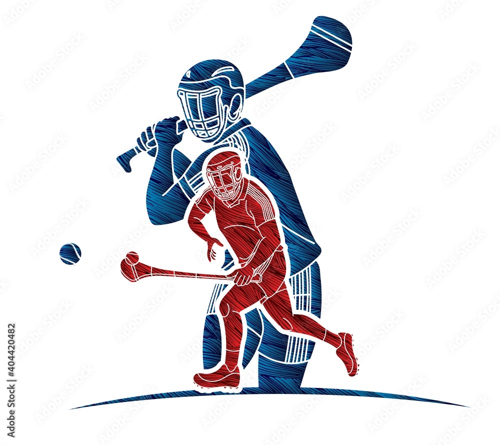 Obraz premium Group of Hurling sport players action. Irish Hurley sport cartoon graphic vector.