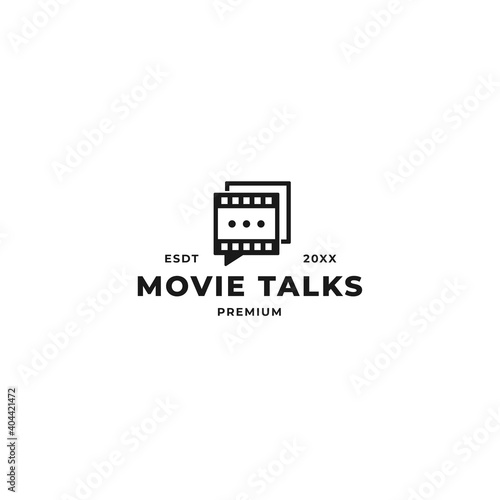 Movie quote talk vector logo design. Film roll strip with speech mark message concept graphic template for digital movie, streaming and tv company