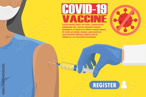 Online Register page for getting COVID 19 vaccine, patient being injected with medicine from doctor, stop coronavirus pandemic and outbreak by getting a shot