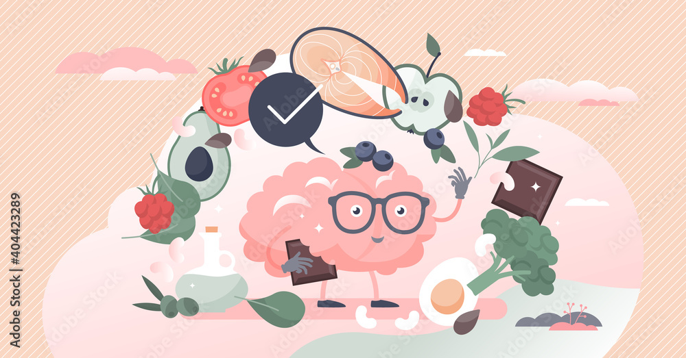 Brain superfoods as nutrition products to improve memory tiny person concept Brain superfoods as nutrition products to improve memory tiny person concept