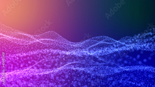 blurred bokeh waves particles. violet-blue gradient on a dark background. beautiful abstract background. universe of technology particle field abstract digital wave. photo