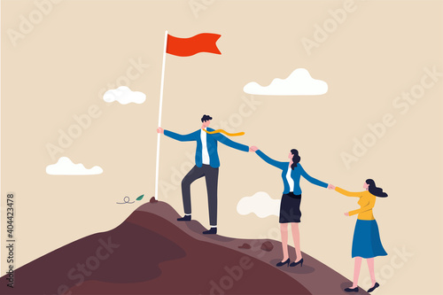 Teamwork, support and collaboration to achieve target, cooperation, team help each other to success in job concept, businessman holding hand helping team colleagues climbing to reach business goal.