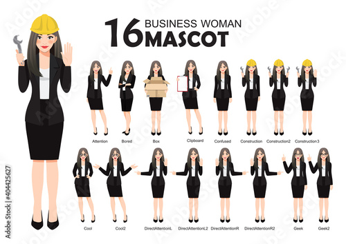 16 Business Woman Mascot in Black Suit, cartoon character style poses set vector illustration