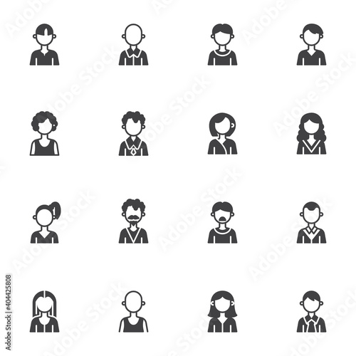 People avatars vector icons set, modern solid symbol collection, filled style pictogram pack. Signs, logo illustration. Set includes icons as school boy and girl, woman, man, student, teacher