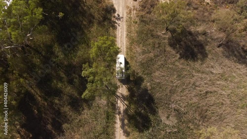 Aerial shots of a motor home exploring the Murray River Basin. Road trip tourism photo