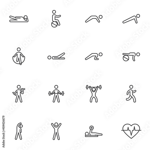 Sport exercises line icons set, healthy lifestyle outline vector symbol collection, linear style pictogram pack. Signs logo illustration. Set includes icons as physical activity, workout, gym, fitness