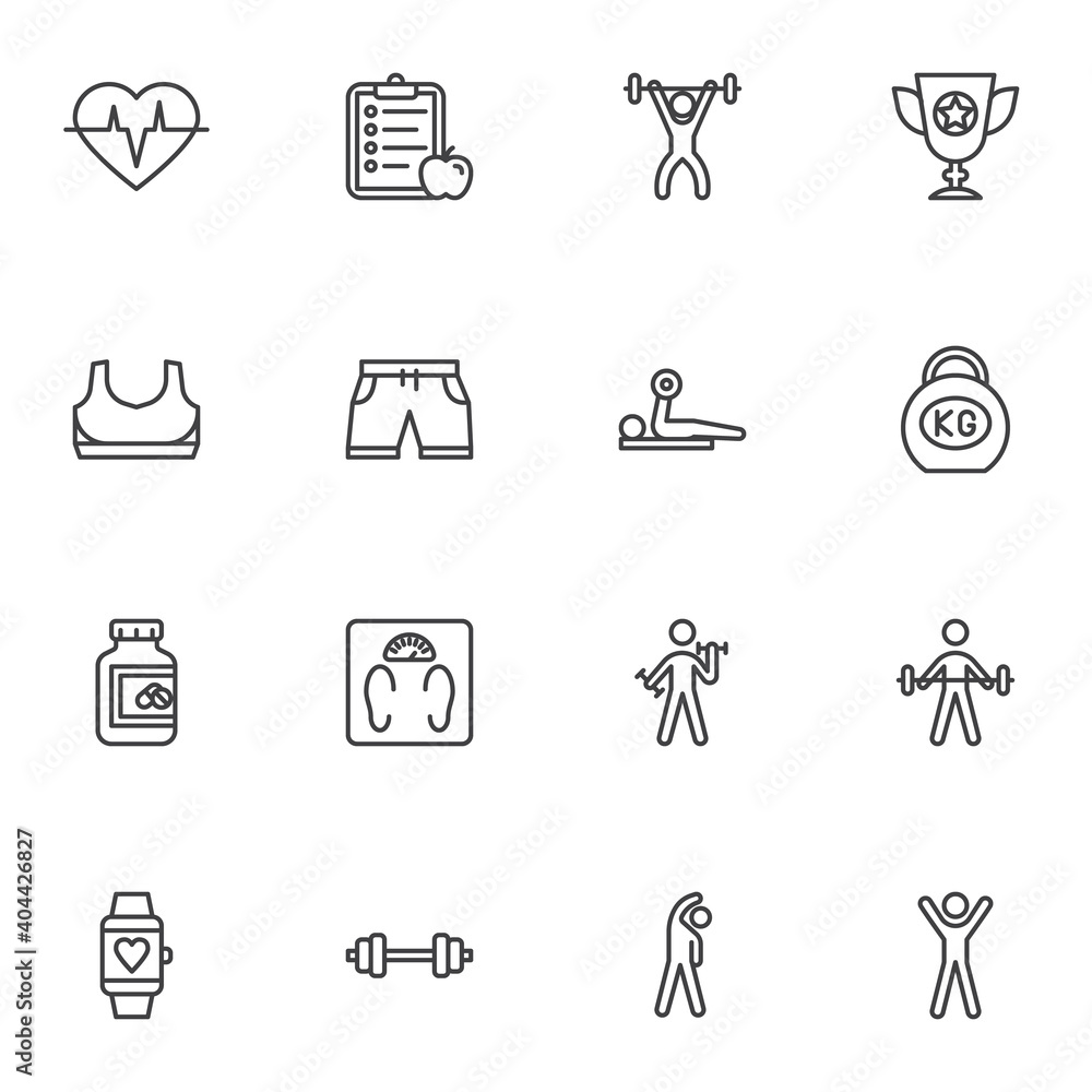 Sport and fitness line icons set, outline vector symbol collection, linear style pictogram pack. Signs, logo illustration. Set includes icons as champion cup, gym exercise, sport clothes, scale, heart Sport and fitness line icons set, outline vector symbol collection, linear style pictogram pack. Signs, logo illustration. Set includes icons as champion cup, gym exercise, sport clothes, scale, heart