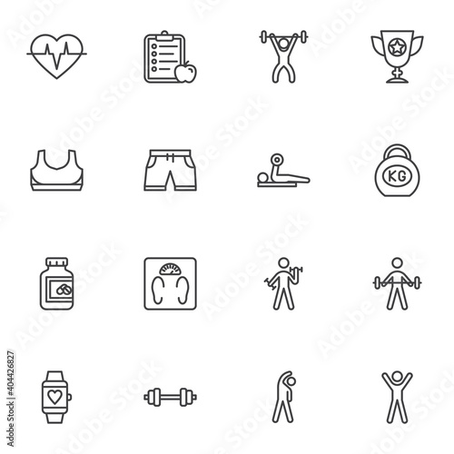 Sport and fitness line icons set, outline vector symbol collection, linear style pictogram pack. Signs, logo illustration. Set includes icons as champion cup, gym exercise, sport clothes, scale, heart