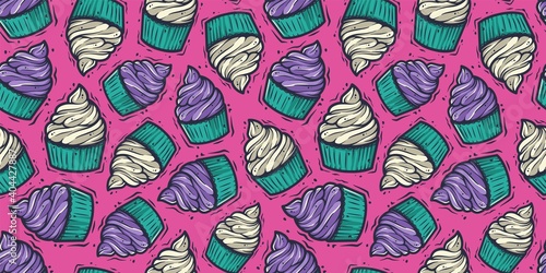 Seamless pattern wallpaper with cupcake illustration, colored cream cake muffin birthday dessert