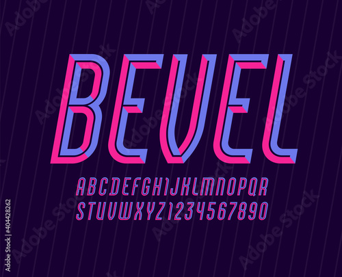 Beveled font, colored bright alphabet from chiseled block, facet Latin italic letters from A to Z and Arab numbers from 0 to 9, vector illustration 10EPS