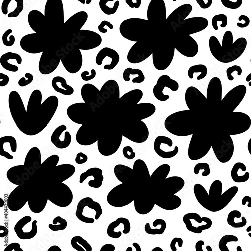 Hand drawn ink flowers shapes and leopard print seamless pattern