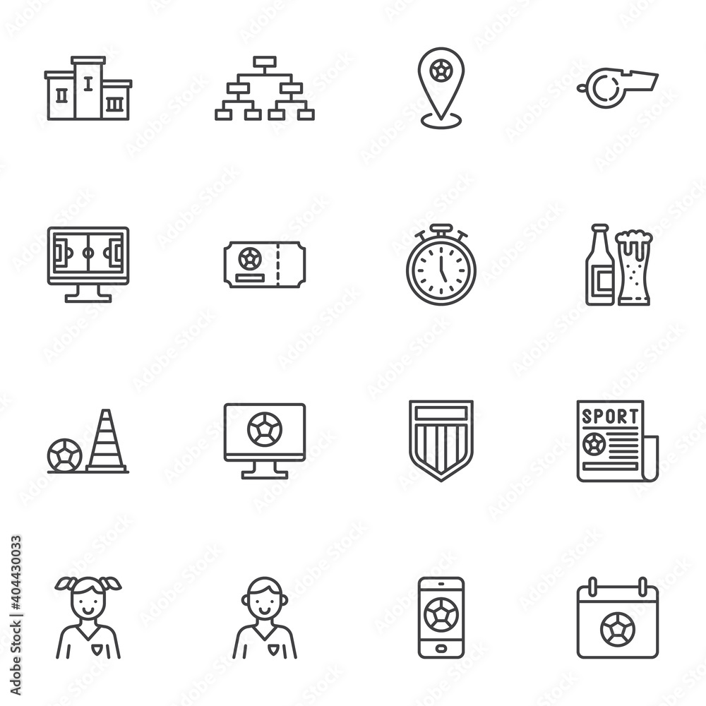 Football, soccer line icons set, outline vector symbol collection, linear style pictogram pack. Signs, logo illustration. Set includes icons as soccer game, sport news, stopwatch, calendar appointment Football, soccer line icons set, outline vector symbol collection, linear style pictogram pack. Signs, logo illustration. Set includes icons as soccer game, sport news, stopwatch, calendar appointment