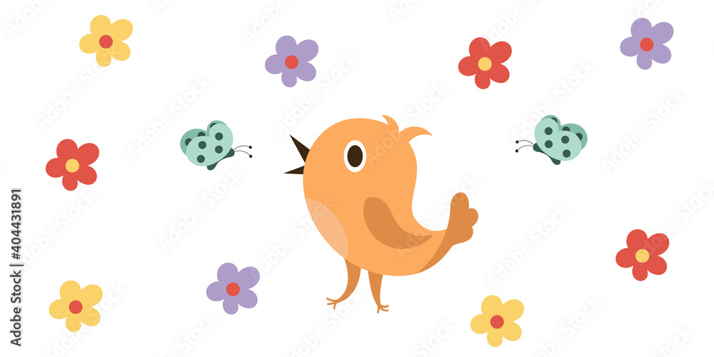 Funny cartoon bird with flowers and butterflies. Vector illustration for design. Childrens vector illustration for design Funny cartoon bird with flowers and butterflies. Vector illustration for design. Childrens vector illustration for design