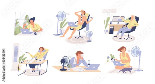 People working in heat, using air conditioner and fan at home and in the office. Overheating and exhaustion. Workplace conditioning. Flat vector cartoon illustration isolated on white background