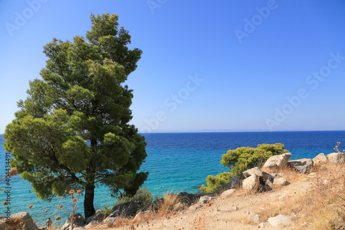 Clear blue sea on a sunny day in Greece. View from above.