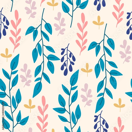 Seamless plant pattern, branches, leaves and herbs, botany, ideal for drawing on fabric or interior decoration