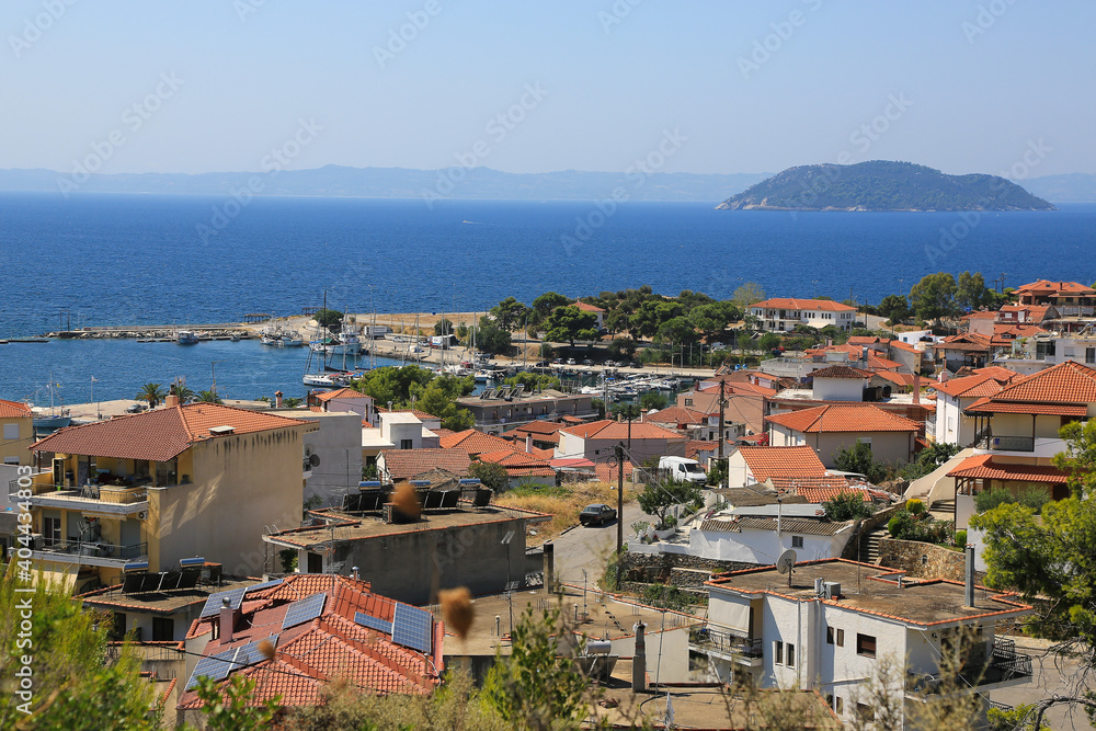 greek landscape with town and sea