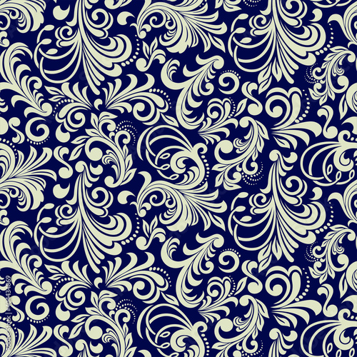 Seamless blue background with beige pattern in baroque style. Vector retro illustration. Ideal for printing on fabric or paper for wallpapers  textile  wrapping.