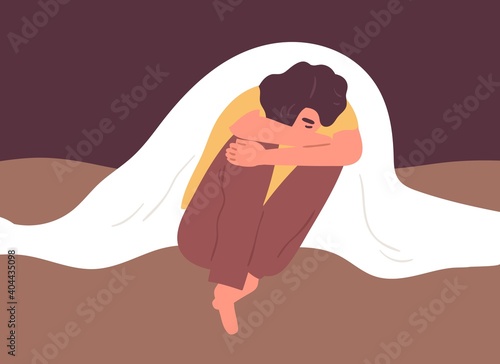 Unhappy depressed lonely woman sitting in despair under blanket. Sad female character in bad mood suffer from psychiatric problems. Loneliness or depression concept. Flat vector illustration