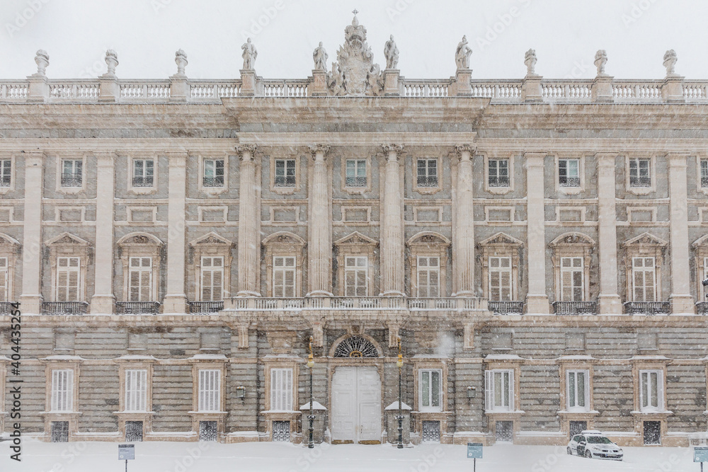 Royal Palace in madrid theater covered by snow from the storm philomena