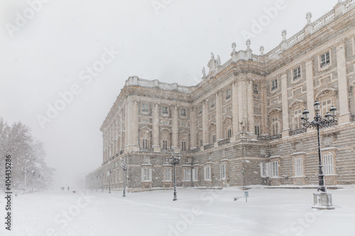 Royal Palace in madrid theater covered by snow from the storm philomena