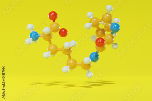 Fototapeta Naklejka Na Ścianę i Meble -  Pyrrolysine (l-pyrrolysine, Pyl, O) amino acid molecule. 3D rendering. Atoms are represented as spheres with conventional color coding: hydrogen (white), carbon (grey), oxygen (red), nitrogen (blue).