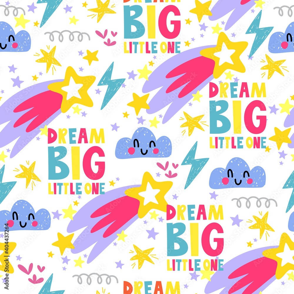 Dream big little one, lettering, seamless baby pattern