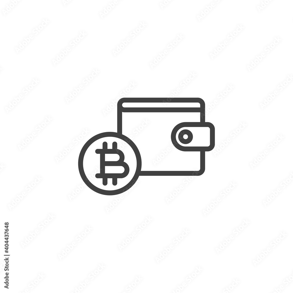 Bitcoin wallet line icon. linear style sign for mobile concept and web design. Cryptocurrency wallet outline vector icon. Symbol, logo illustration. Vector graphics Bitcoin wallet line icon. linear style sign for mobile concept and web design. Cryptocurrency wallet outline vector icon. Symbol, logo illustration. Vector graphics