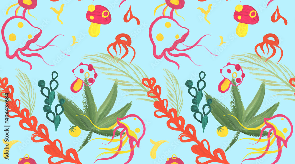 a fun seamless pattern in a cartoon naive style drawn with gouache for children is textiles and surface design with jellyfish and fly agarics that turn into each other