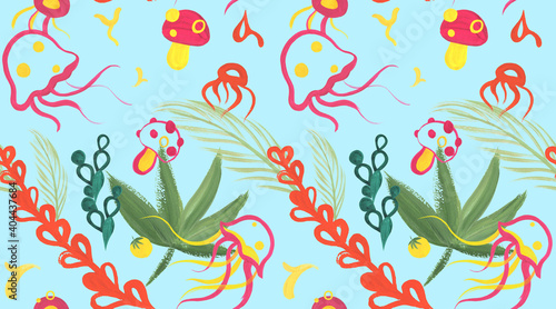 a fun seamless pattern in a cartoon naive style drawn with gouache for children is textiles and surface design with jellyfish and fly agarics that turn into each other