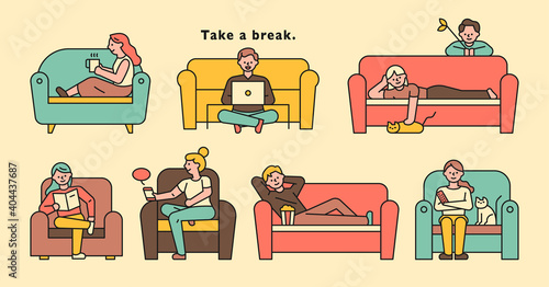 People sitting on the sofa and relaxing. People who sit or lie on the sofa and have free time.